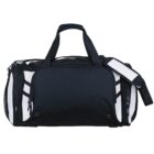 A black and white sports duffel bag with multiple zippered compartments and a shoulder strap. The bag is displayed on a plain white background.
