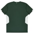 A dark green short-sleeve athletic shirt with white triangular accents on the sides and near the sleeve ends, viewed from the back. The shirt has a simple and sporty design.