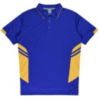 A blue sports polo shirt with a collar and three buttons. It features yellow accents on the sleeves, sides, and around the collar, with bold yellow stripes on the sides. The shirt is laid flat against a white background.