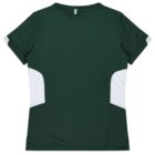The image shows the back view of a dark green athletic T-shirt with white side panels. The T-shirt features a simple crew neck and short sleeves.