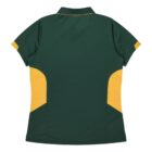 A dark green short-sleeve polo shirt with contrasting yellow panels on the side, shown from the back. The shirt has a classic collar and is made of a smooth, lightweight fabric.