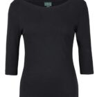 A plain black womens boat neck t-shirt with three-quarter length sleeves is shown. The shirt has a simple and smooth texture.