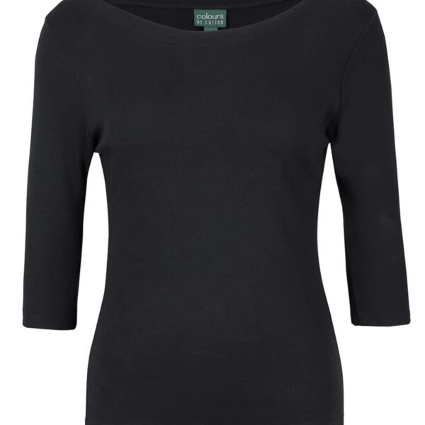 Black, three-quarter sleeve, boat neck top on a white background. The fabric appears soft and form-fitting. A small label is visible inside the neckline.
