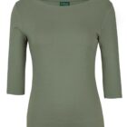 An olive green, three-quarter sleeve womens top displayed on a white background. The shirt has a simple, classic cut with a slightly boat-shaped neckline.