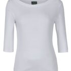 White, three-quarter sleeve, boat neck top on a plain background.