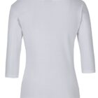 White, three-quarter sleeve top viewed from the back. The top has a simple design with a wide neckline and a smooth texture.