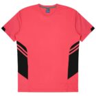 A coral red athletic T-shirt with short sleeves and black angular design accents on the sides and sleeves. The shirt has a modern, sporty look and is displayed on a plain white background.