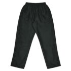 Dark green pants with an elastic waistband, laid flat against a white background. They have a straight-leg design and appear to be made of lightweight fabric.