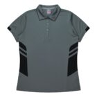 A dark gray, short-sleeve polo shirt with a collar and three buttons. The shirt features black side panels and two diagonal stripes on each side. The fabric label inside is visible. The design is simple and sporty.