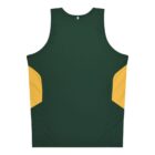 A sleeveless athletic tank top with a solid dark green color. It features bright yellow geometric panels on the sides, adding a touch of contrast and style. The design is simple and sporty, suitable for both casual and athletic wear.