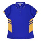A blue polo shirt with a collar and three buttons. It features yellow accents on the shoulders and sides, including two horizontal stripes on each side. The shirt is laid flat against a plain white background.