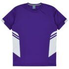 A purple sports jersey with white panels on the sides and short sleeves. The jersey has a simple, athletic design with a crew neckline.