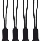 Four black zipper pull tabs with looped cords are aligned vertically. Each tab features a textured grip and an embossed logo at the bottom.
