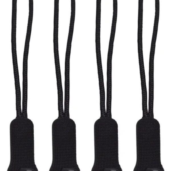 Four black zipper pull tabs with looped cords are aligned vertically. Each tab features a textured grip and an embossed logo at the bottom.