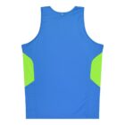 A sleeveless blue athletic tank top with bright green panels on the sides. The back view of the shirt is shown against a plain white background.