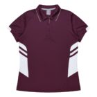 A maroon polo shirt with a collar and button placket. It features white panels on the sides and horizontal white stripes on the sleeves. The shirt is laid flat against a white background.