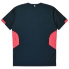 A dark green T-shirt with short sleeves, featuring pink accents on the sides and sleeves. The shirts back view is displayed against a white background.