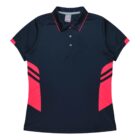 A navy blue polo shirt with pink accents on the sleeves and sides. The shirt features a classic collar, short sleeves, and button placket. The pink panels have two navy stripes each, adding a sporty look.
