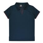 A navy blue polo shirt with a collar and a V-shaped neckline. The sleeves have subtle red piping along the edges. The shirt is laid flat on a white background, displaying its simple, classic design.