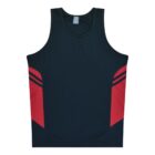 A sleeveless black shirt with red panel accents on the sides and small black stripes on the red panels. It has a round neck and a blue label at the collar.