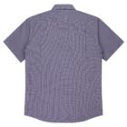 A blue, short-sleeve, button-up shirt with a subtle checkered pattern is shown from the back. The shirt has a straight hem and a pointed collar, with a relaxed fit, suitable for casual wear.