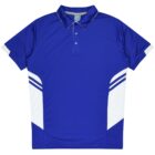 A blue polo shirt with a white collar and white side panels. The design includes white stripes on the sides and white trim on the sleeves.