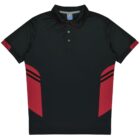 A dark green polo shirt with a collar and buttons. It features red accents on the sleeves and sides, with two red stripes on the sides. The fabric appears smooth and lightweight.