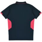 A dark-colored sports shirt with short sleeves. It has vibrant pink accents on the side panels and sleeve edges. The shirt features a pointed collar and appears to be made of a smooth, lightweight fabric suitable for athletic wear.
