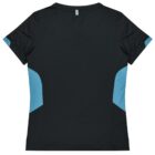 Back view of a black T-shirt with light blue side panels and short sleeves on a white background.