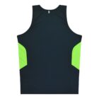 A sleeveless athletic shirt with a black base and bright neon green panels on each side, displayed on a white background.