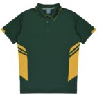 A dark green short-sleeved polo shirt with a collar and three buttons. It features yellow panels on the sides and yellow trim on the collar tips.