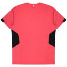 Back view of a vibrant pink short-sleeve sports jersey with black accents on the sides.