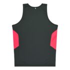 A sleeveless dark green athletic tank top with bright pink panels on the sides. The back view of the shirt shows a simple design with no visible logos or patterns.