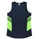 A sleeveless, dark navy sports shirt with a V-neck and neon green panels on the sides, featuring two horizontal navy stripes cutting across the neon green sections.