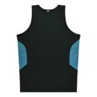 A sleeveless black sports tank top with blue panels on the sides, shown from the back against a white background.