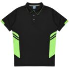 A black polo shirt with neon green accents on the sleeves and sides, featuring black stripes on the green panels. The shirt has a collar and a buttoned placket.
