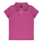 A short-sleeved magenta polo shirt with a V-neck and black label inside the collar, displayed on a plain white background.