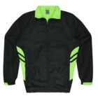 A black and neon green jacket with a front zipper. The jacket features neon green accents on the collar and sides, with two black stripes on each side. The sleeves are long with elastic cuffs.