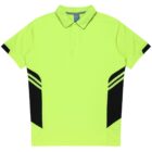 Bright lime green polo shirt with a collar and three-button placket. The shirt features black accents on the sleeves and sides, with diagonal stripes adding detail. It is laid flat against a white background.