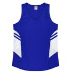 A blue sleeveless sports jersey with a V-neck and white side panels featuring two horizontal stripes on each side. The design is simple and symmetrical.