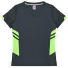 A black sports jersey with a V-neck and short sleeves featuring bright green accents on the sides and stripes on the sleeves.