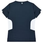 The image shows the back view of a short-sleeved shirt with a dark blue main color and white side panels. The shirt is laid flat, and it has a simple, sporty design.