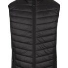 A black, quilted puffer vest with a front zipper and high collar. The vest features horizontal stitching and two zippered pockets on the sides.