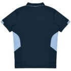 A short-sleeved navy blue polo shirt with light blue accents on the sides and sleeves, shown from the back. The shirt features a simple design with a collar and no visible logos or branding.