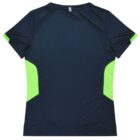 Back view of a short-sleeved athletic shirt, featuring a dark navy color with bright green accents on the sides. The fabric appears smooth and lightweight.