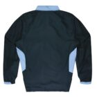 Rear view of a black jacket with contrasting light blue panels on the sides and cuffs. The collar is partially light blue, adding a touch of color to the overall design.