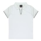 White short-sleeve polo shirt with a V-neck collar and black edging on the sleeves.