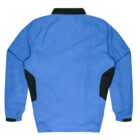 A blue jacket with a black collar and black side panels. The jacket has long sleeves with elastic cuffs and is displayed on a plain white background.