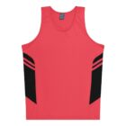 A sleeveless red sports top with black panels and diagonal stripes on the sides, displayed on a white background.