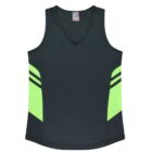 A sleeveless black athletic tank top with neon green side panels and black stripes. The design features a V-neckline and an overall fitted cut, suitable for sports or workouts.